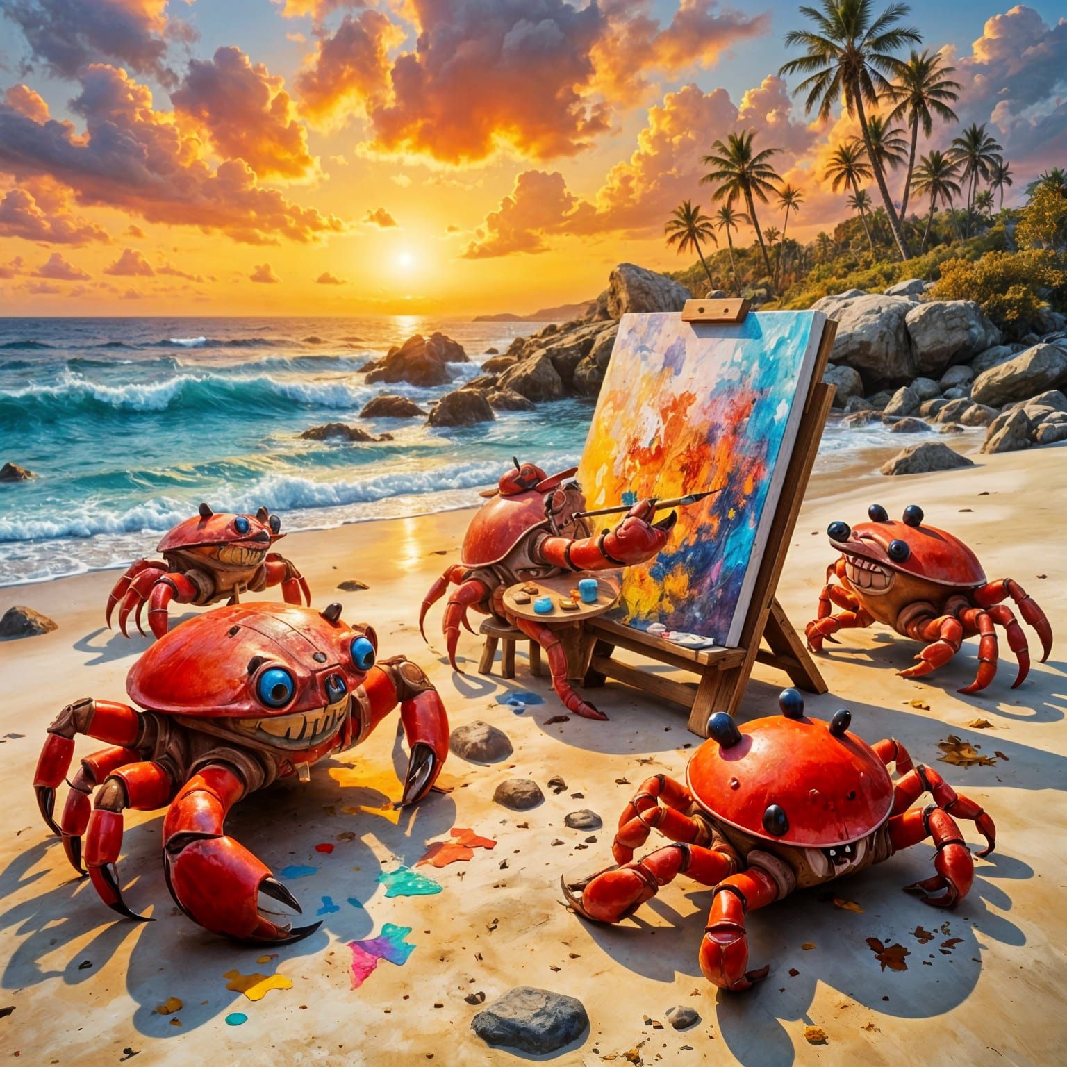 Crabs Painting Sunset Beach Scene in Vibrant Colors