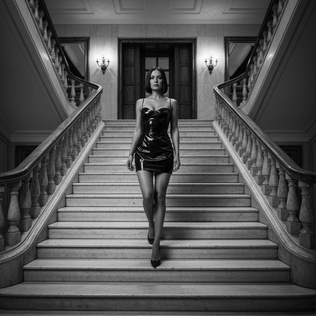 Elegant Woman Descends Grand Staircase in Noir Style