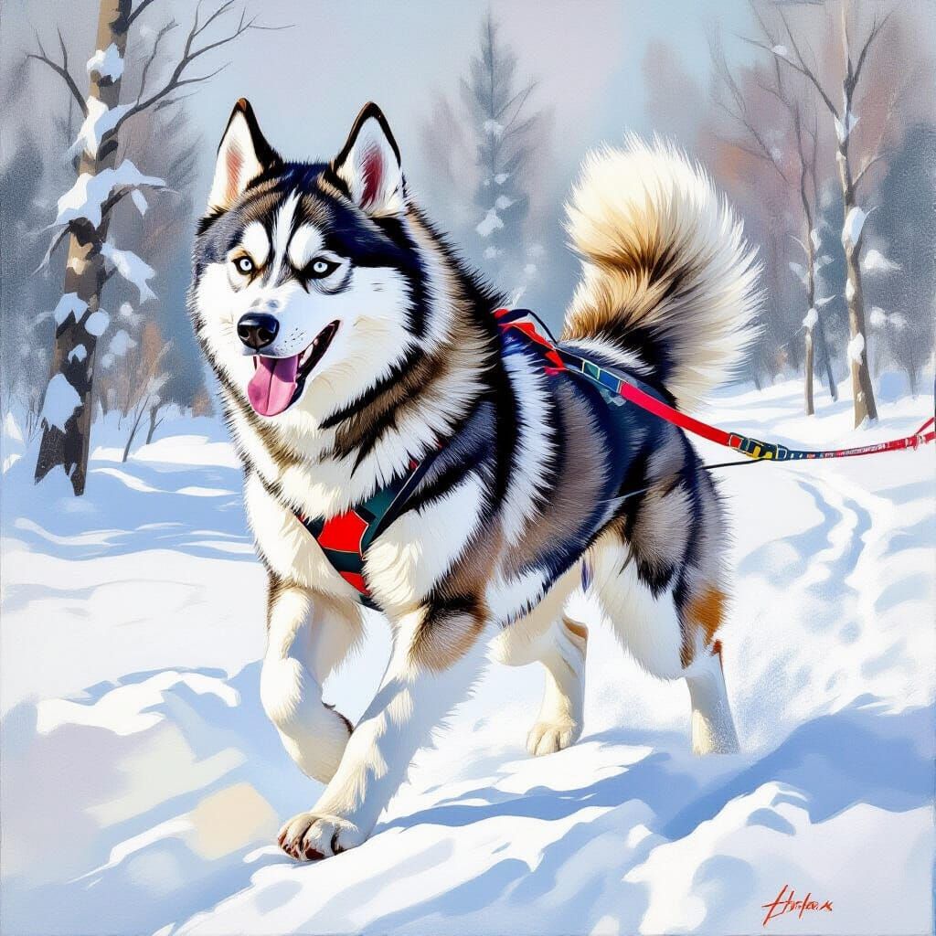 Majestic Husky Sled Dog in Impressionist Charcoal Drawing