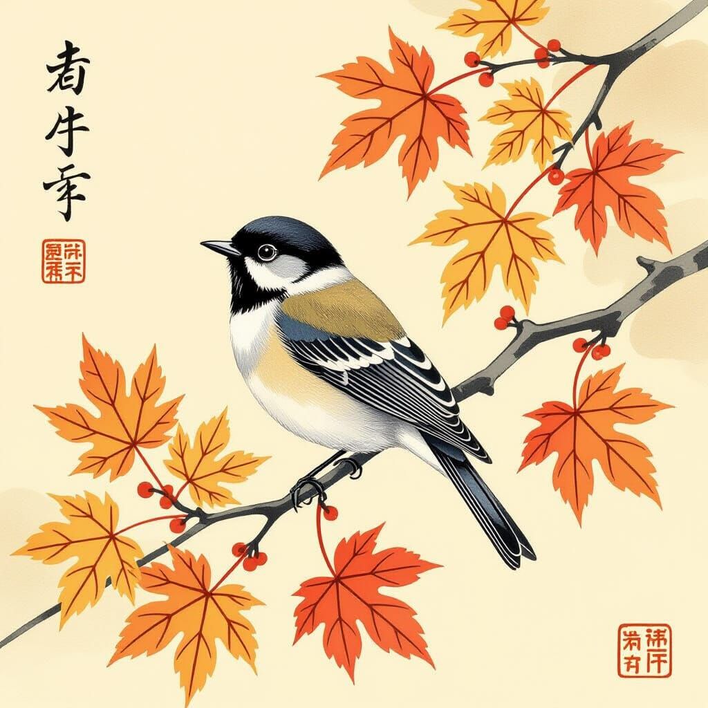 Songbird with Lace Feathers on Fall Branch in Japanese Print...