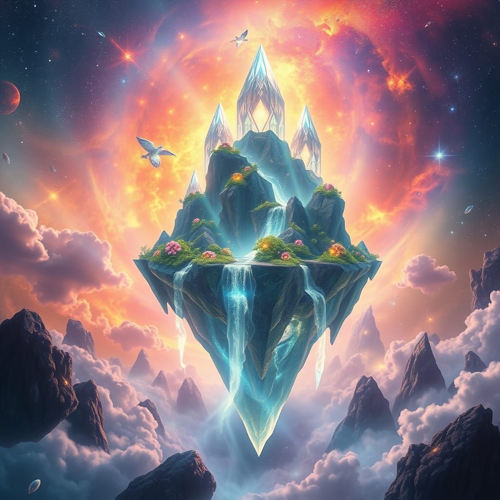 Luminous Crystal Island in Vibrant Nebula