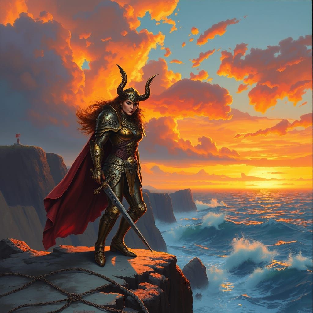 Valkyrie on Windswept Cliff in Epic Fantasy Art