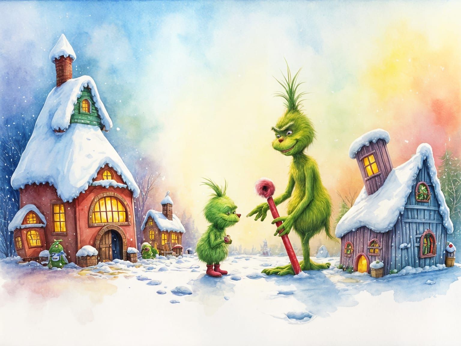 Whimsical Grinch and Max Rebuild Village in Watercolor