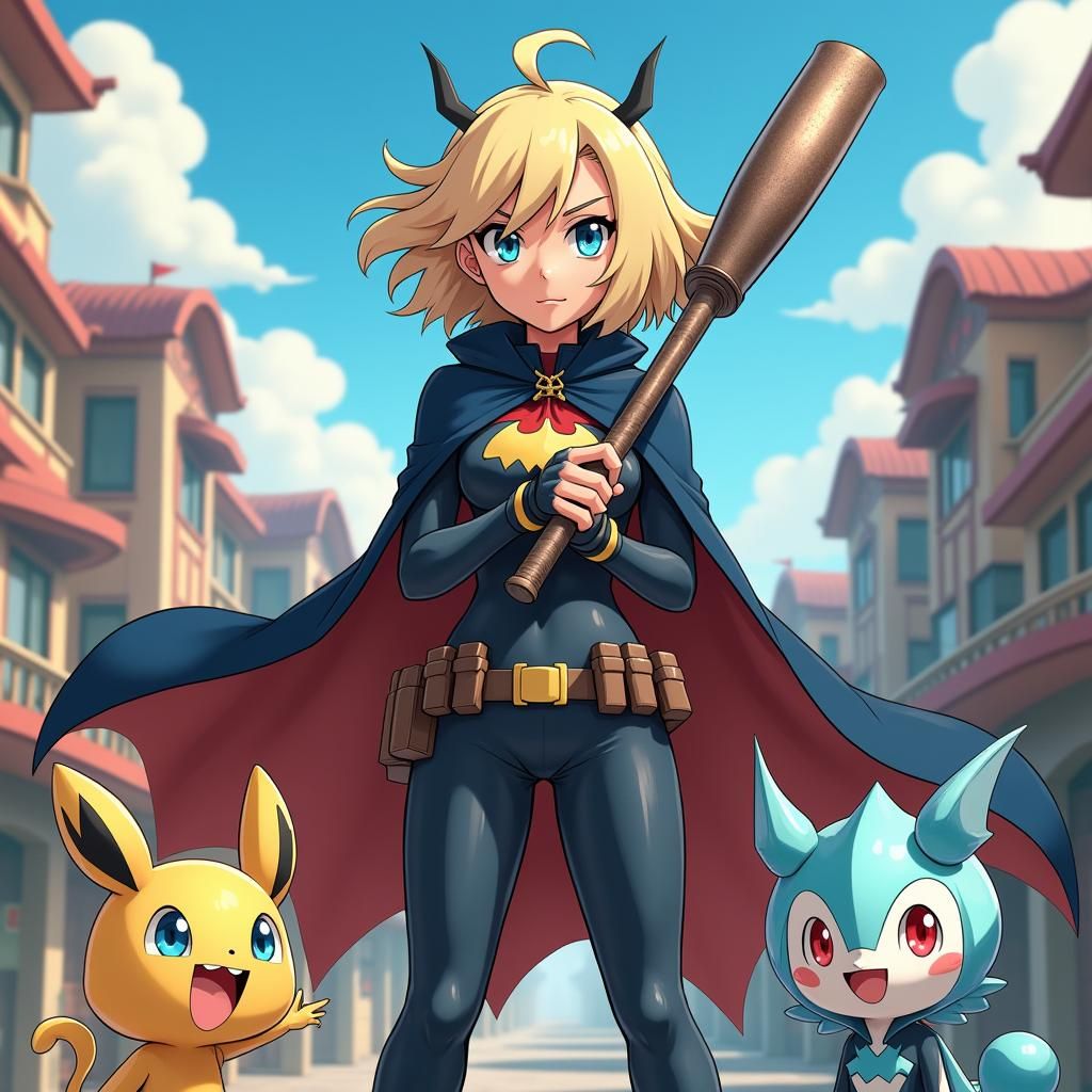 Woman in Bat-Man Cowl with Pokémon Companions
