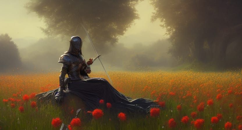 Female Knight in Flower Field: Dark Fantasy Art