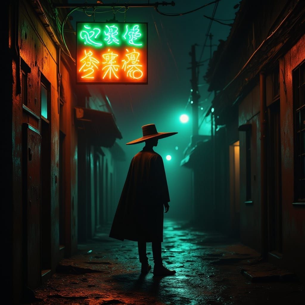 Mysterious Figure in Neon Alleyway: Film Noir Style