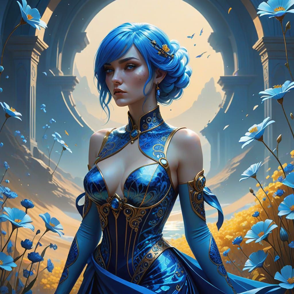 Ethereal Blue Goddess in Vibrant Fantastical Landscape