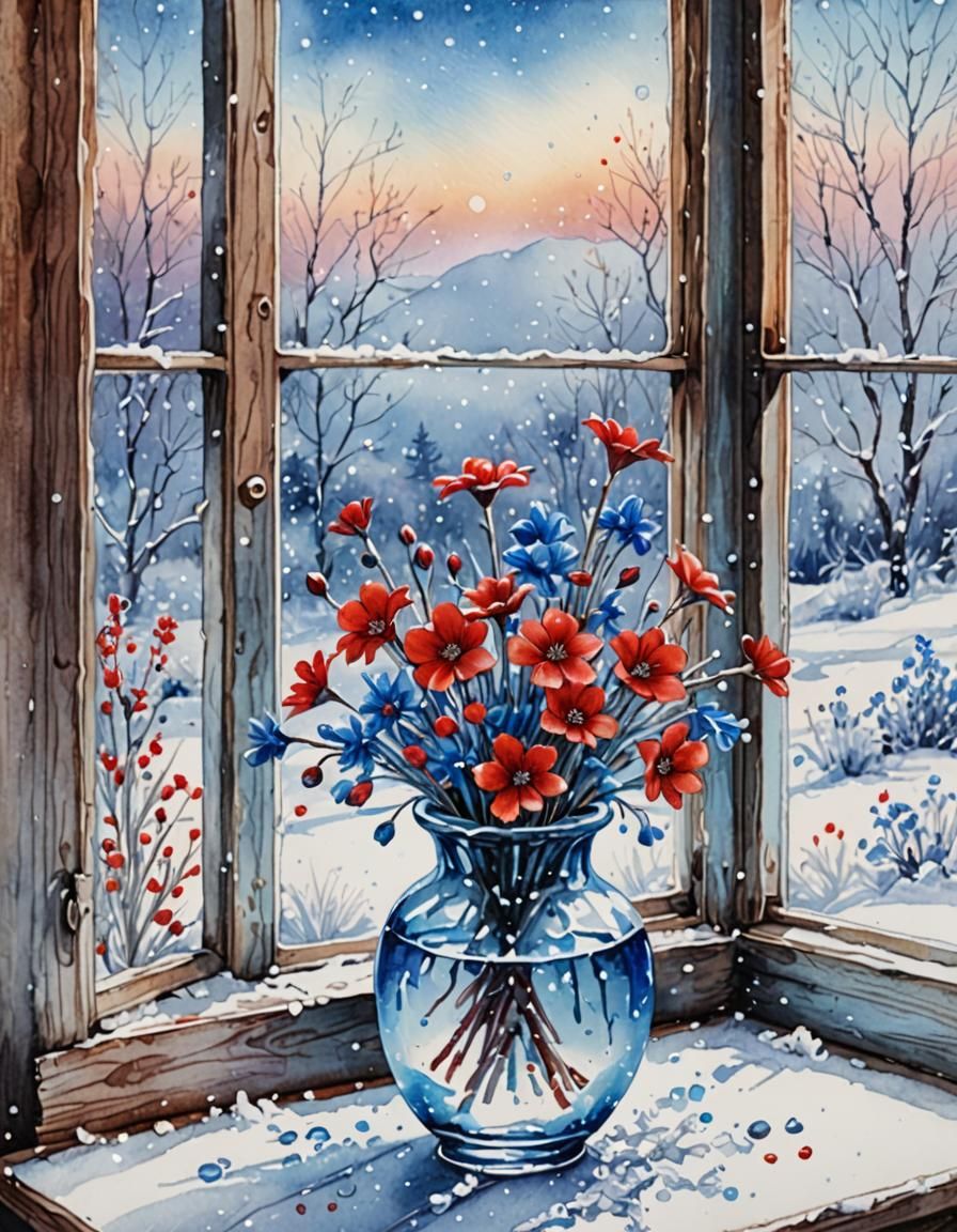 Frozen Flowers in Vase with Broken Window
