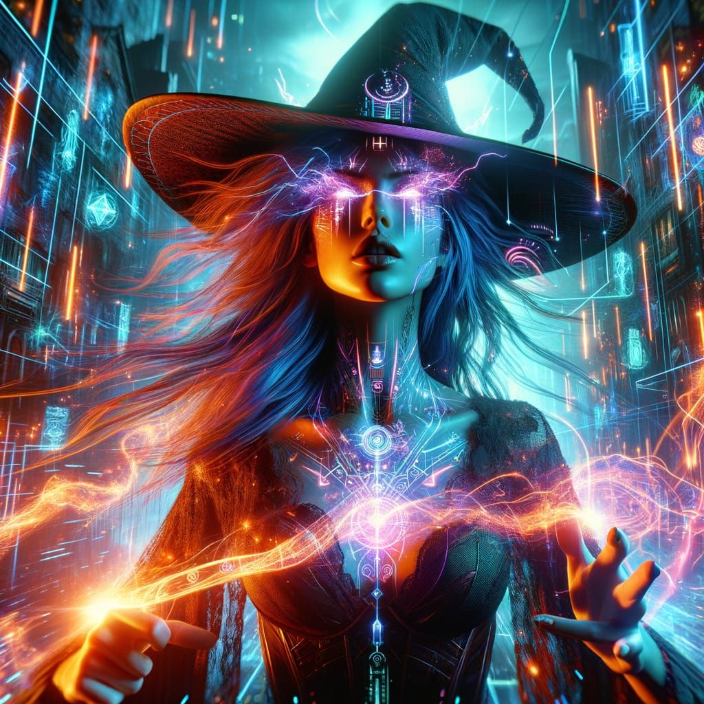 Cyberpunk Energy Witch Casting Neon Flames
