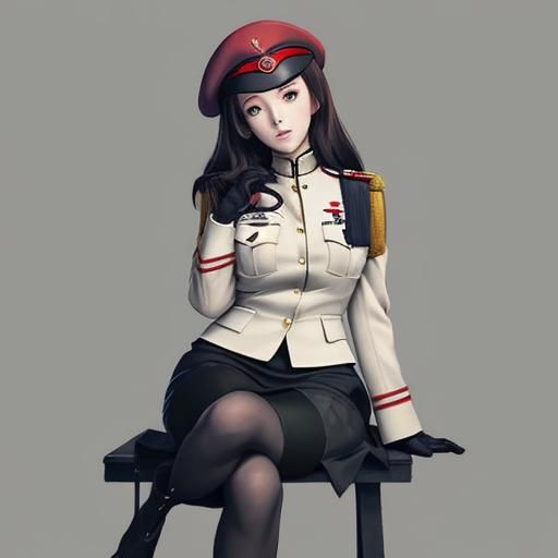Anime Style Oil Painting: Female Soldier in Uniform