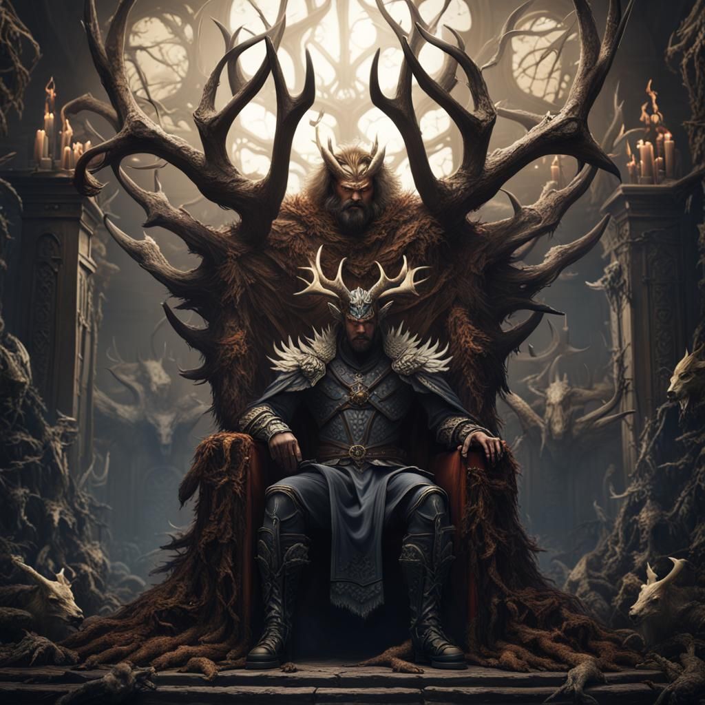 Elk Antlered Demon King on Bone Throne