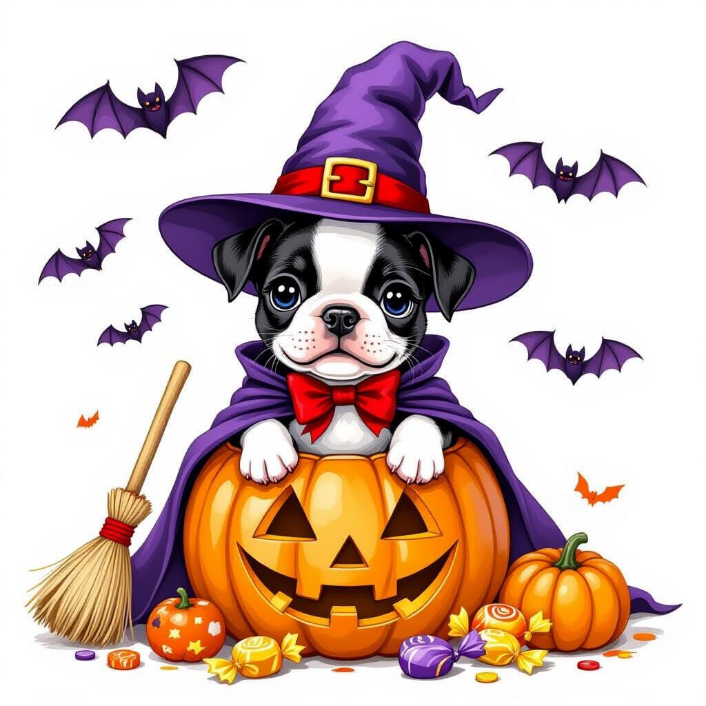 Boston Terrier Puppy Witch in Pumpkin, Cartoon Illustration