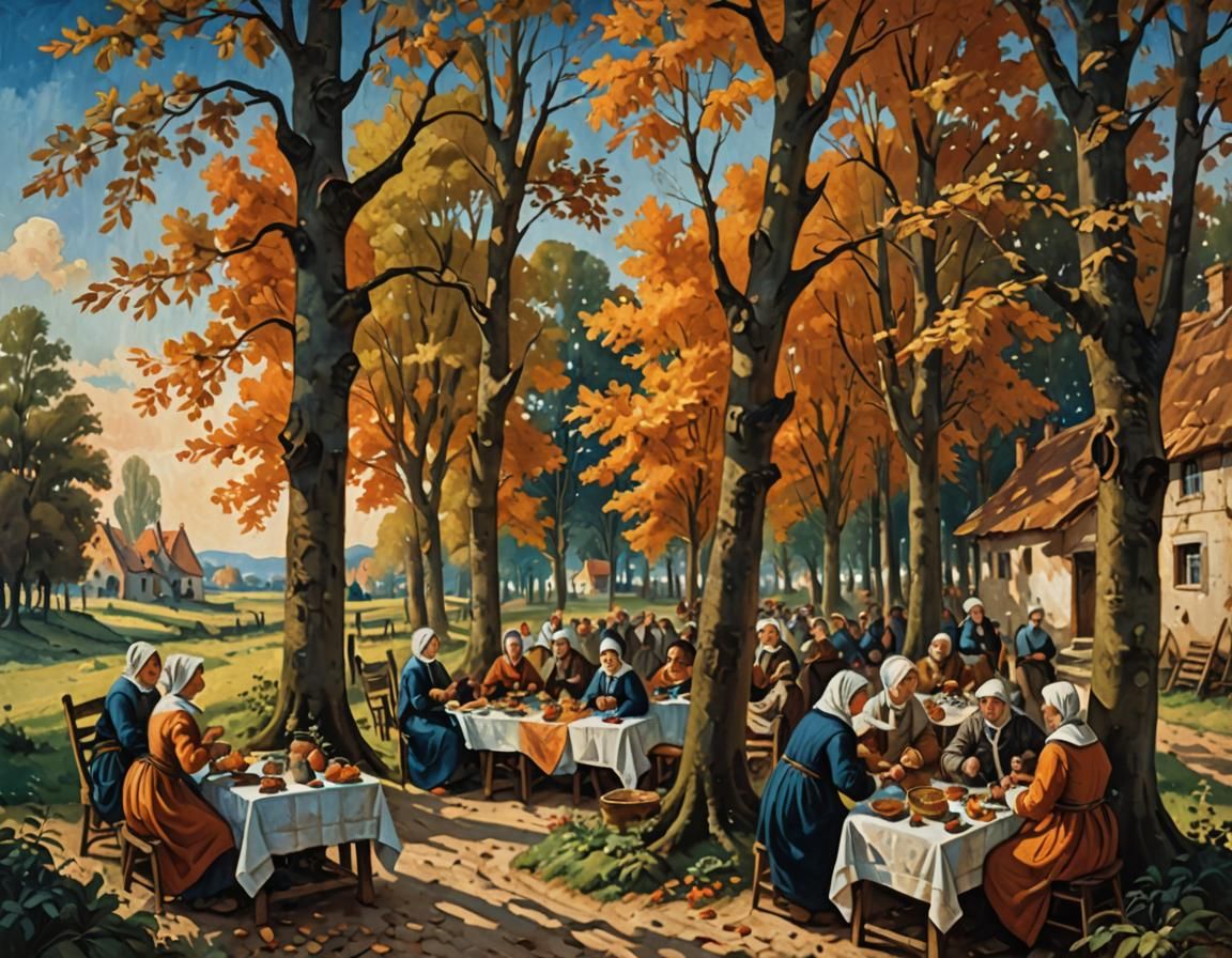 Flemish Picnic Scene with Villagers, Oil Painting