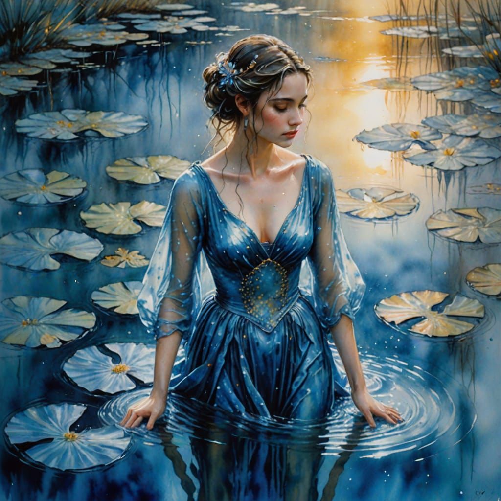 Woman in Blue Gown by Water Lilies as Watercolour Painting