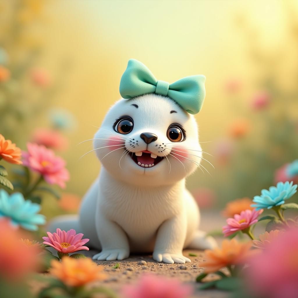 Adorable Baby Seal with Green Bow in Pixar Style