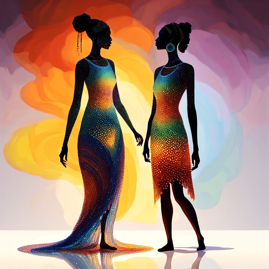 Women in Glowing Glass Dresses in Sunlight