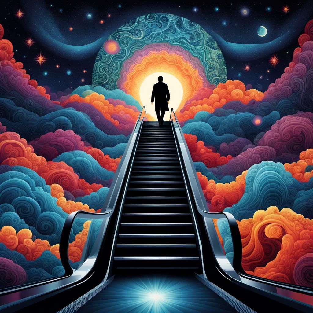 Escalator to Heaven: Vivid Colors in Surreal Style