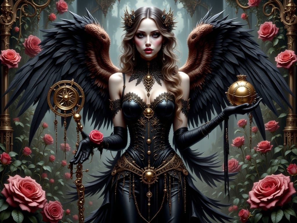 Gothic Steampunk Angel in Lush Rose Garden