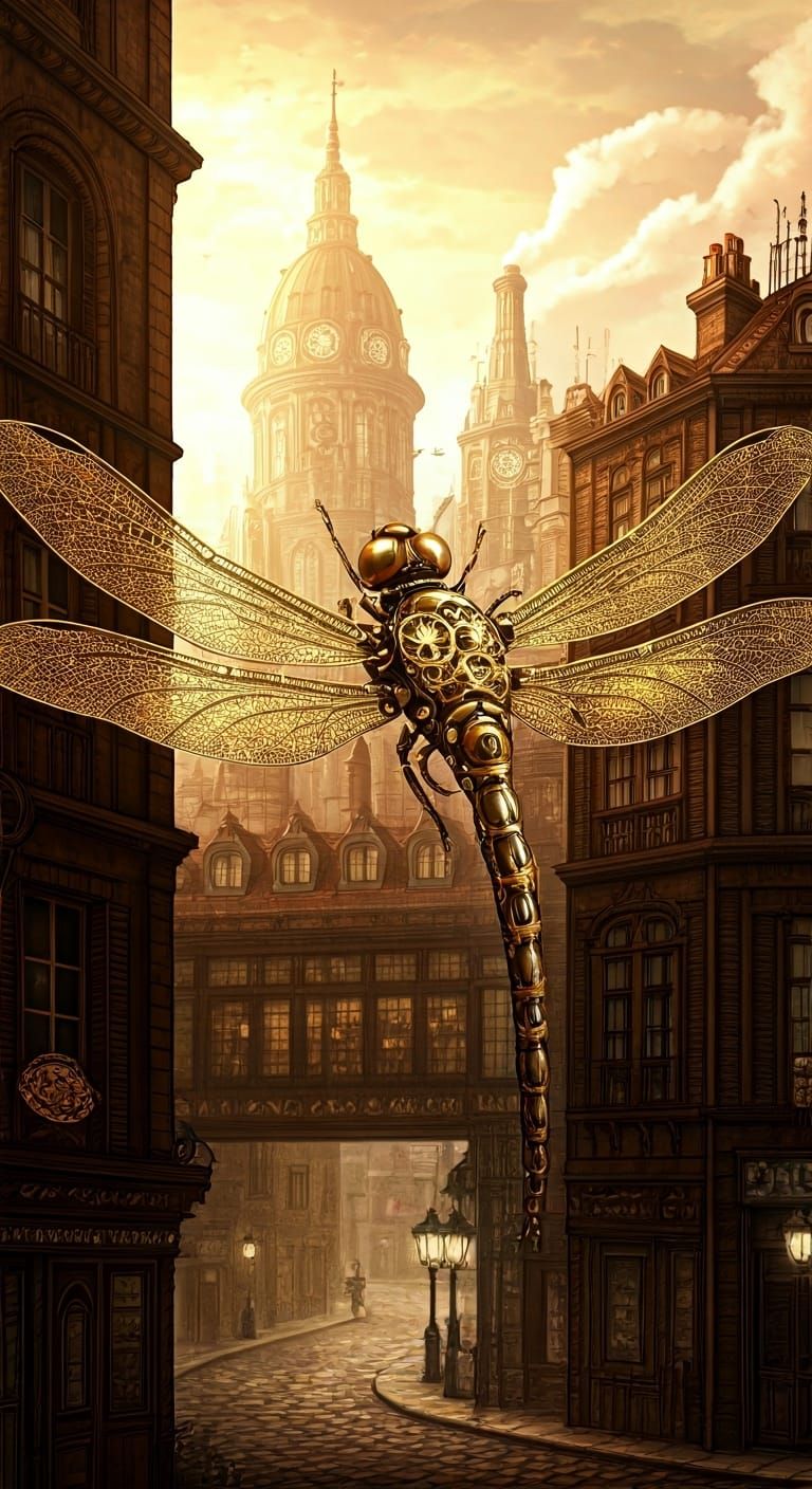 Steampunk Dragonfly Soaring Over Victorian Cityscape