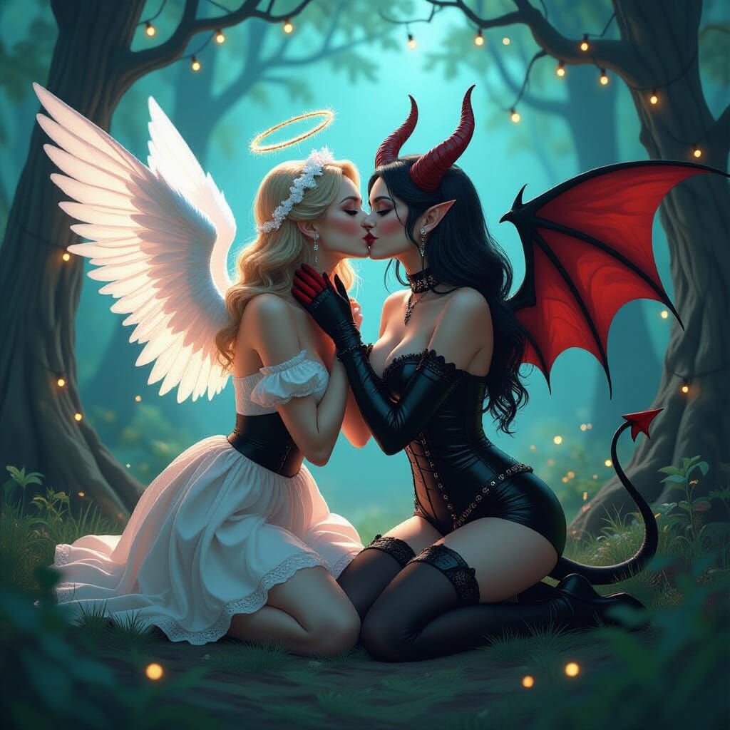 Angelic and Demonic Embrace in Enchanted Forest