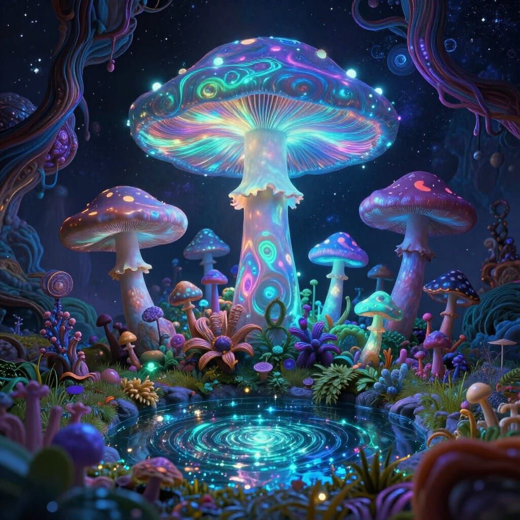 Cosmic Psychedelic Mushrooms & Glittering Pond