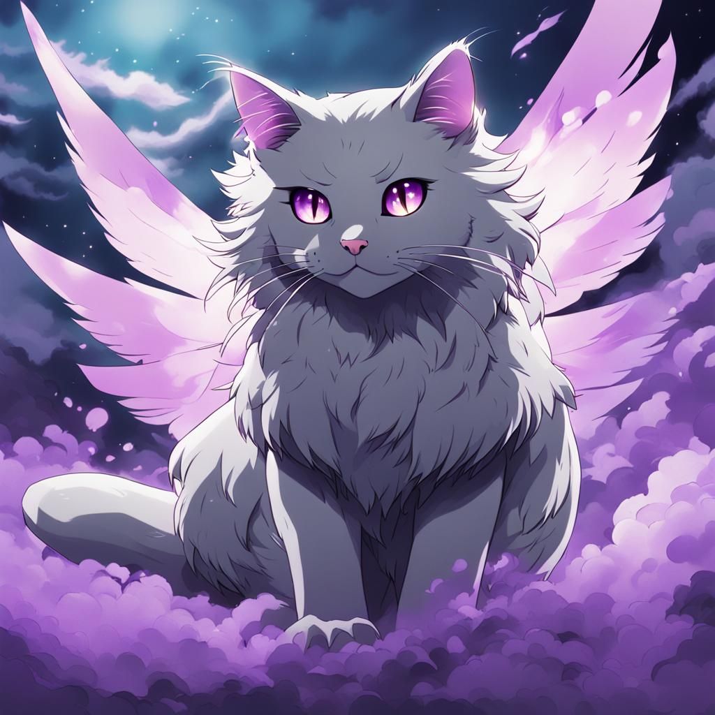 Winged Feral Cat with Purple Smoke, in Anime Style