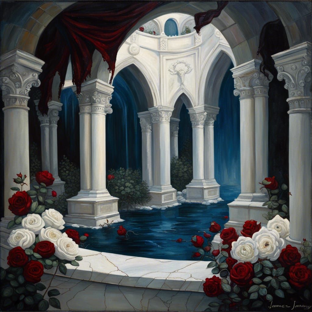 Gothic Fantasy Garden with Roses and Waterfalls