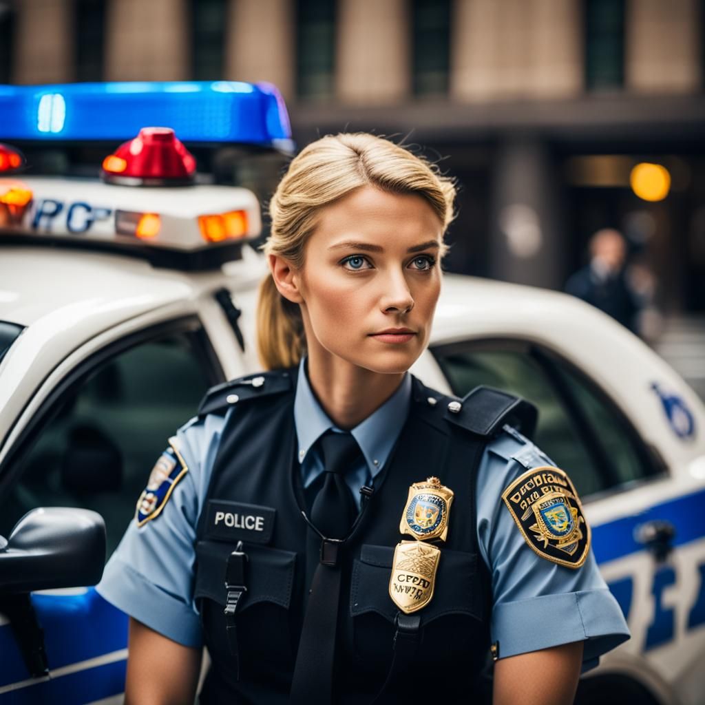 Young Blond Police Officer Behind NYPD Car