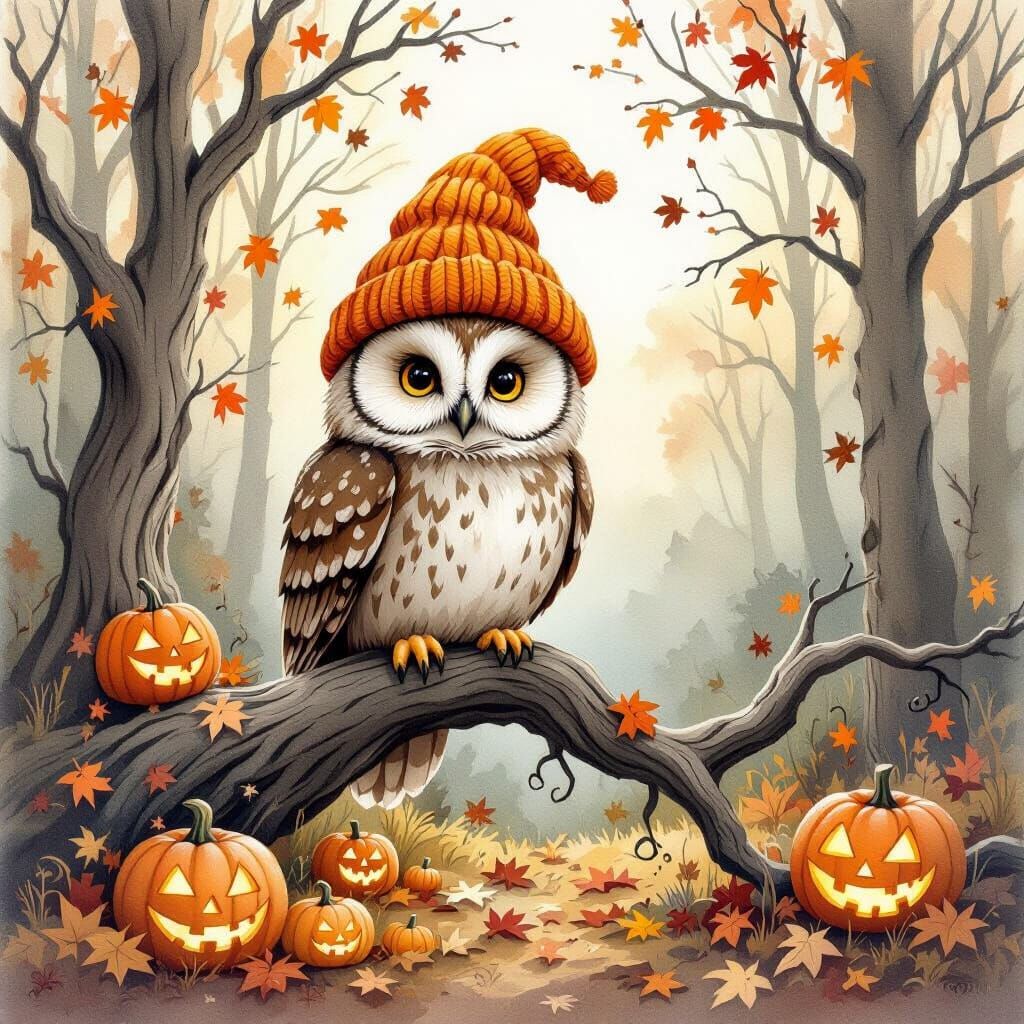 Wise Owl in Pumpkin Hat on Ancient Tree Branch
