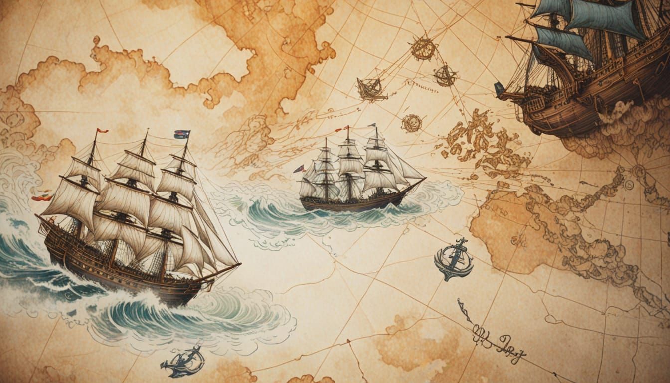 Majestic Sailing Ship on a Fantastical Nautical Chart