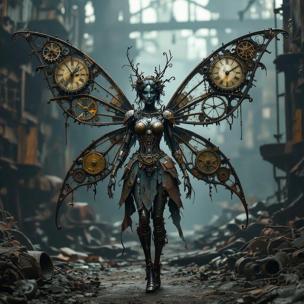 Clockwork Fairy in Abandoned Factory, Steampunk Style