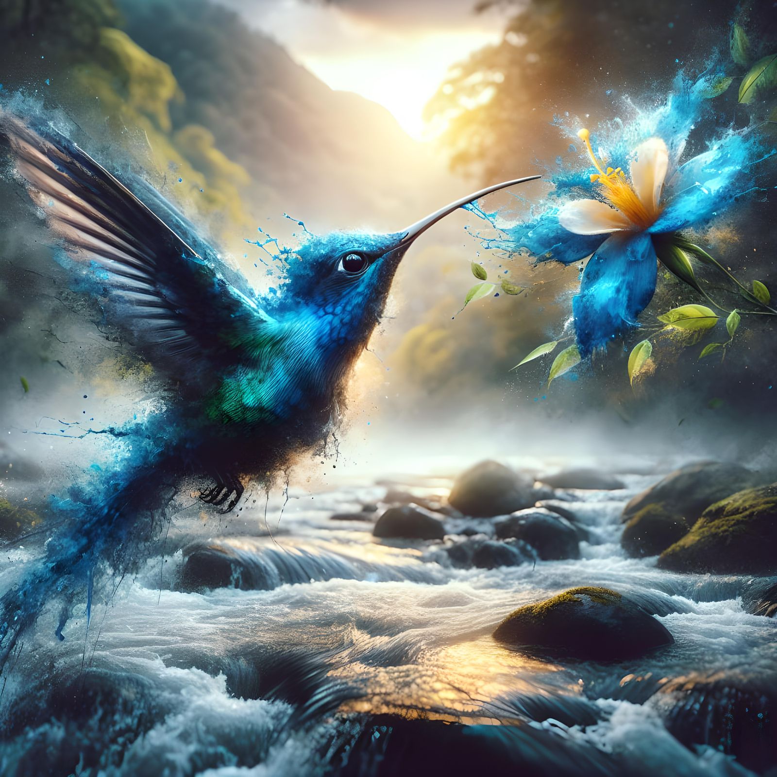 Blue Hummingbird in Flight: Hyper-Realistic Splash Art