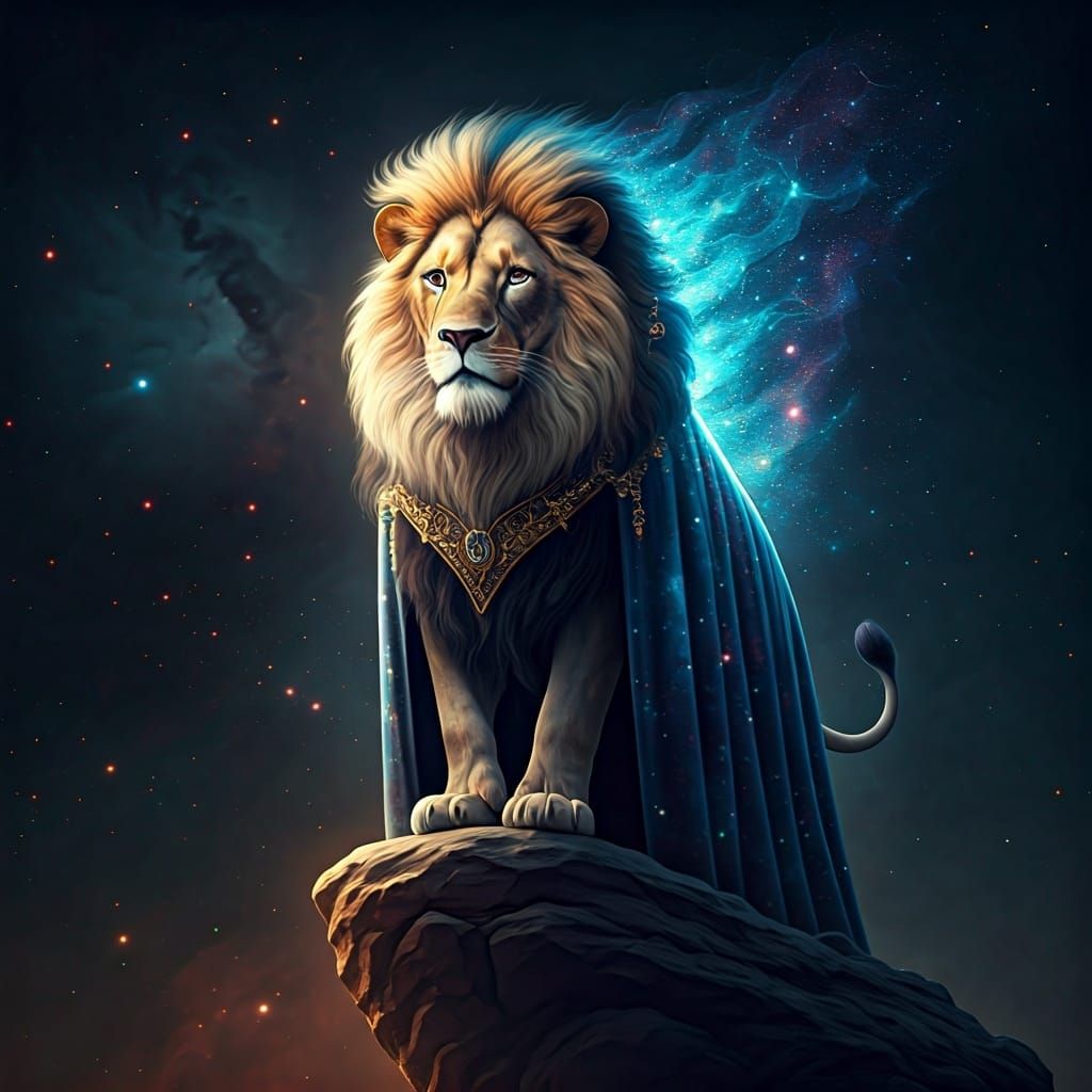 Cosmic Lion on Asteroid in Space, Digital Art