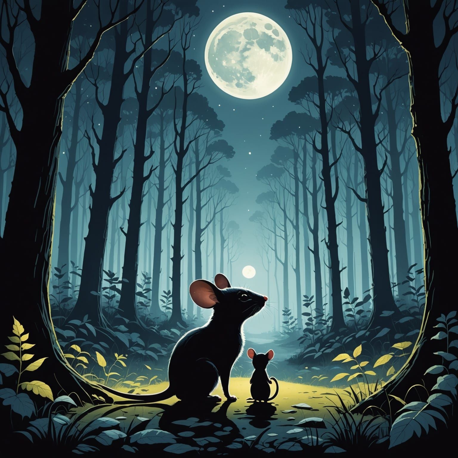 Mouse Silhouette in Moonlit Forest, Fantasy Art