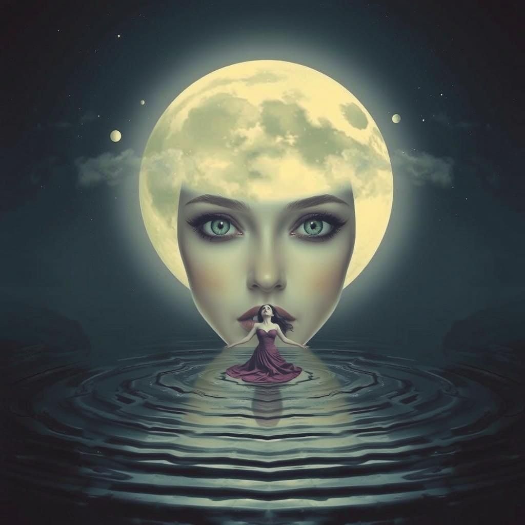 Dreamy Woman Bathed in Moonlight, Surreal Landscape