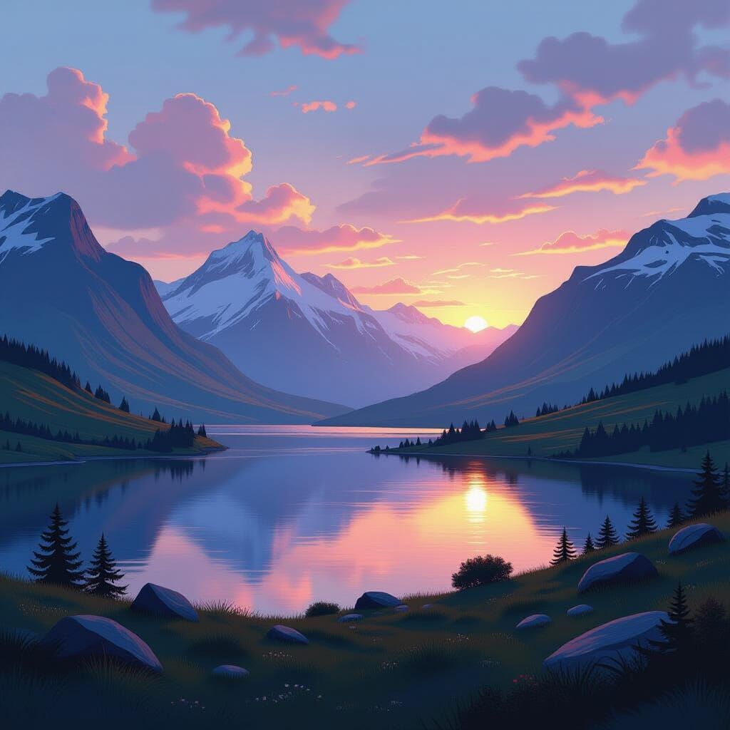 Serene Landscape with Mountains and Lake