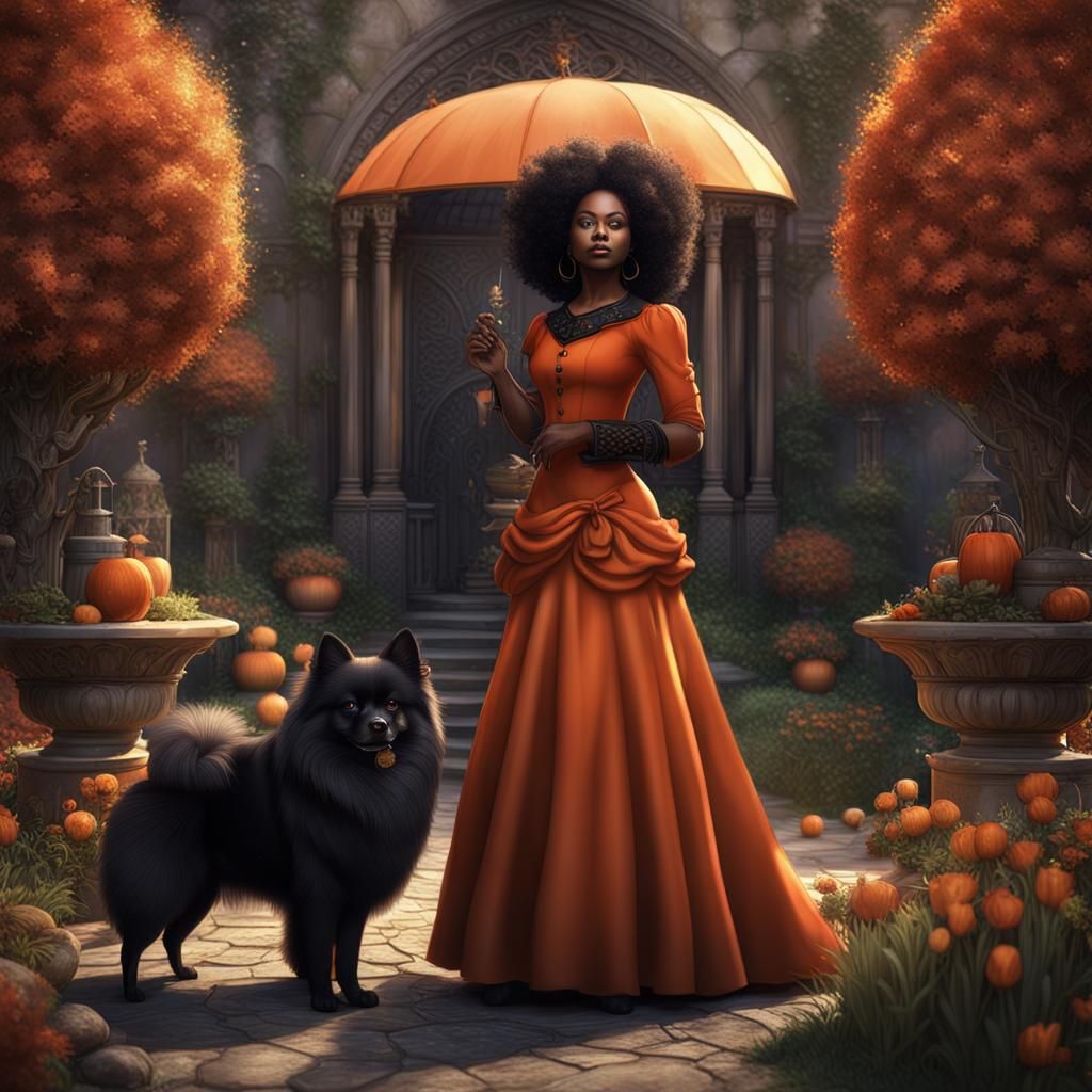 Gothic Royalty: Woman with Pomeranian in Garden
