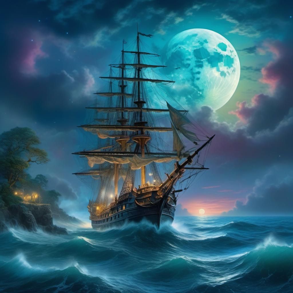 Frigate at Sea Under a Midnight Moon