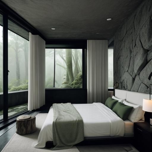 Minimalist Stone and Moss Bedroom with Jungle View