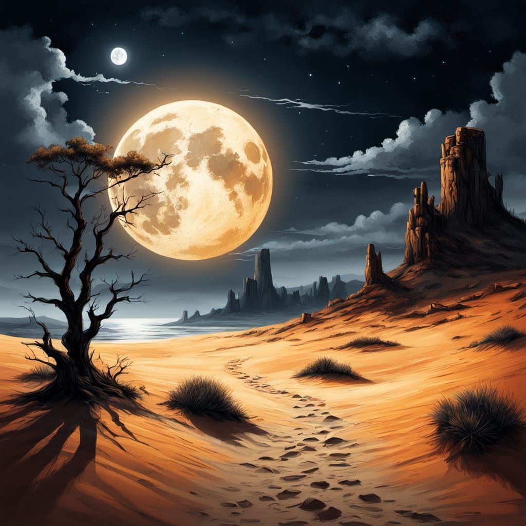 Desolate Desert Moonlight in Black and Bone White