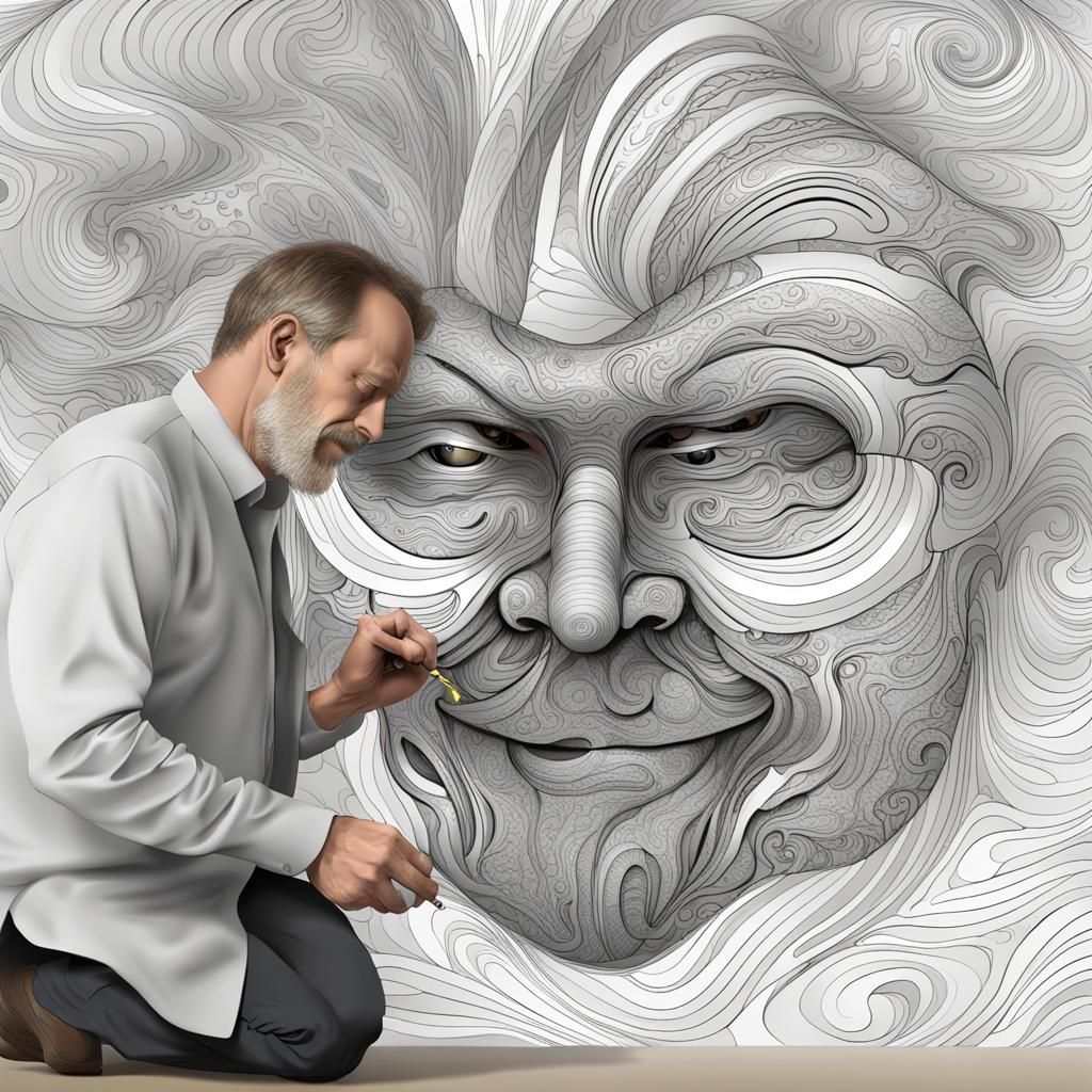 Man Constructs Mask in Abstract Fractal Style