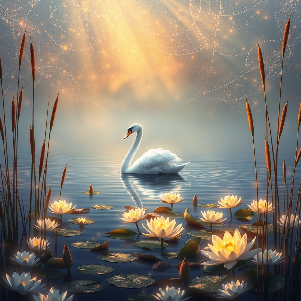 Ethereal Evening Lake Scene in Golden Fantasy Style