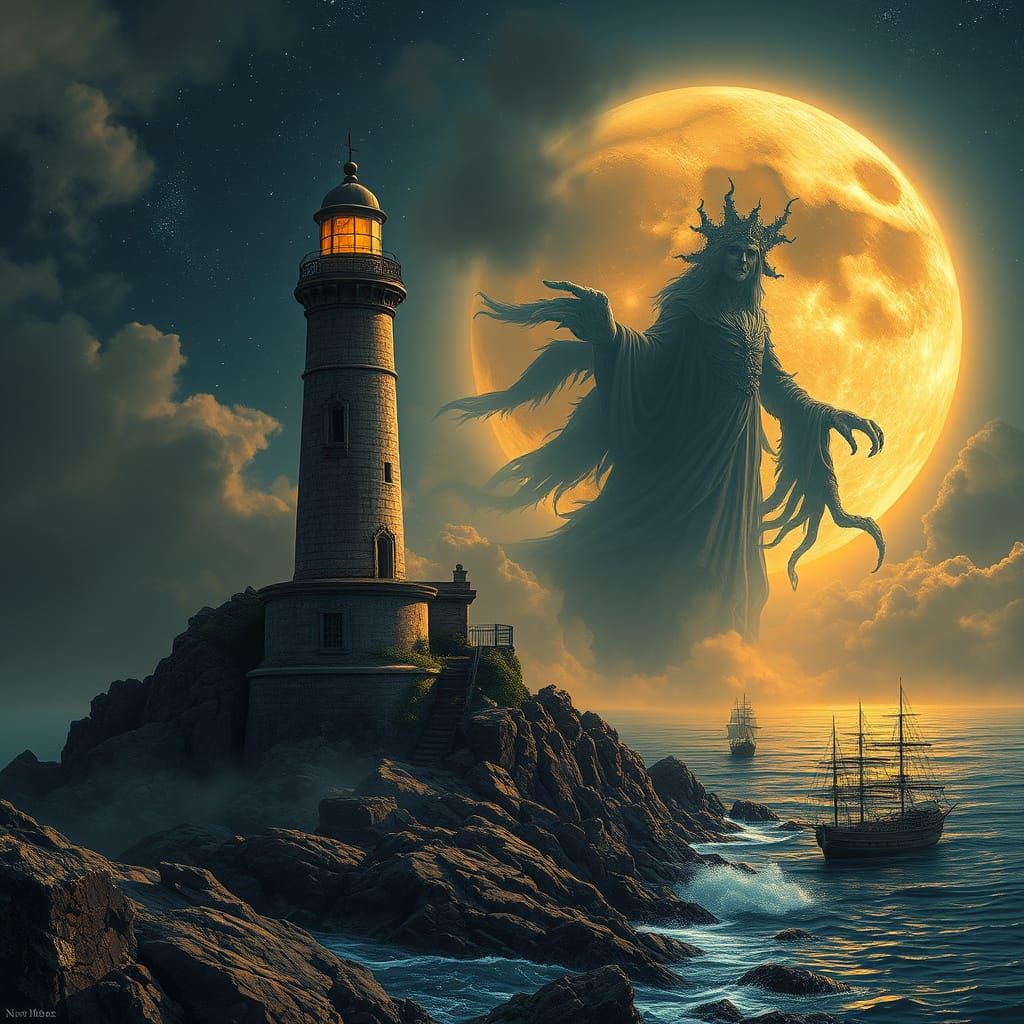 Weathered Lighthouse in Golden Moonlight: A Serene Scene of ...