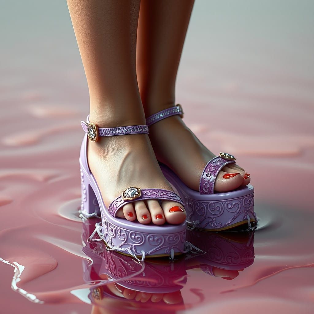 Elegant Woman's Feet Stuck in Lavender Glue with Delicate Sa...
