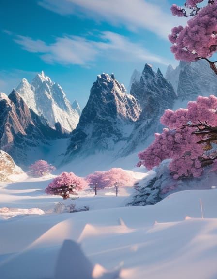 Snowy Mountains and Pink Flowers Oil Painting