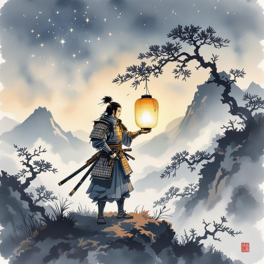 Samurai with Lantern on Misty Peak: Ink Wash Style