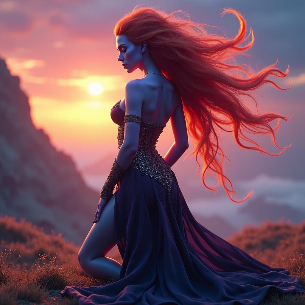 Voluptuous Violet Alien in Ethereal Landscape