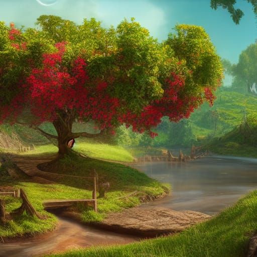 Fruit Tree by Stream: Detailed Matte Painting
