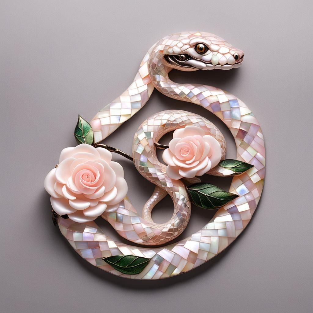 Mother of Pearl Snake with Pale Pink Rose