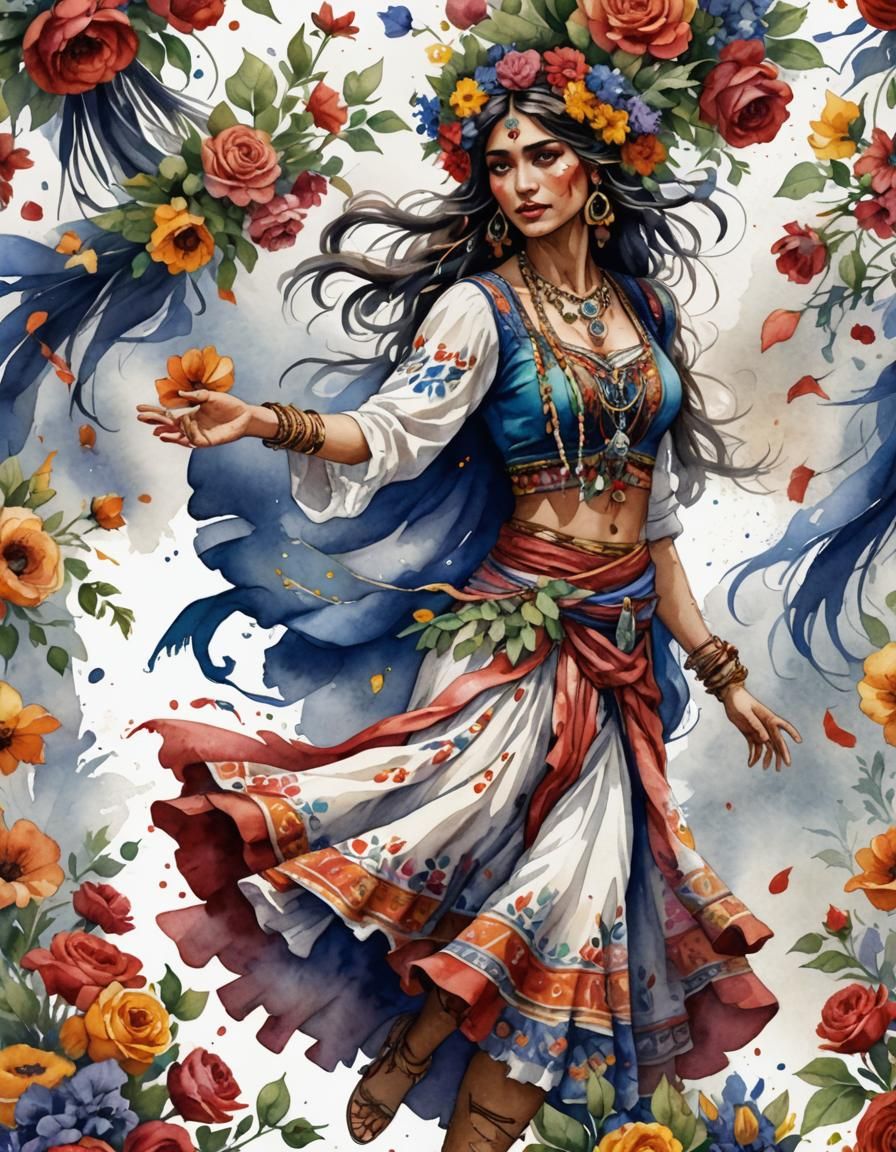 Dancing Gypsy with Flowers: Watercolor Art